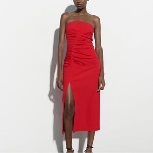 Red Zara Strapless Dress with Slit. Sz Small. Worn once + in perfect condition!